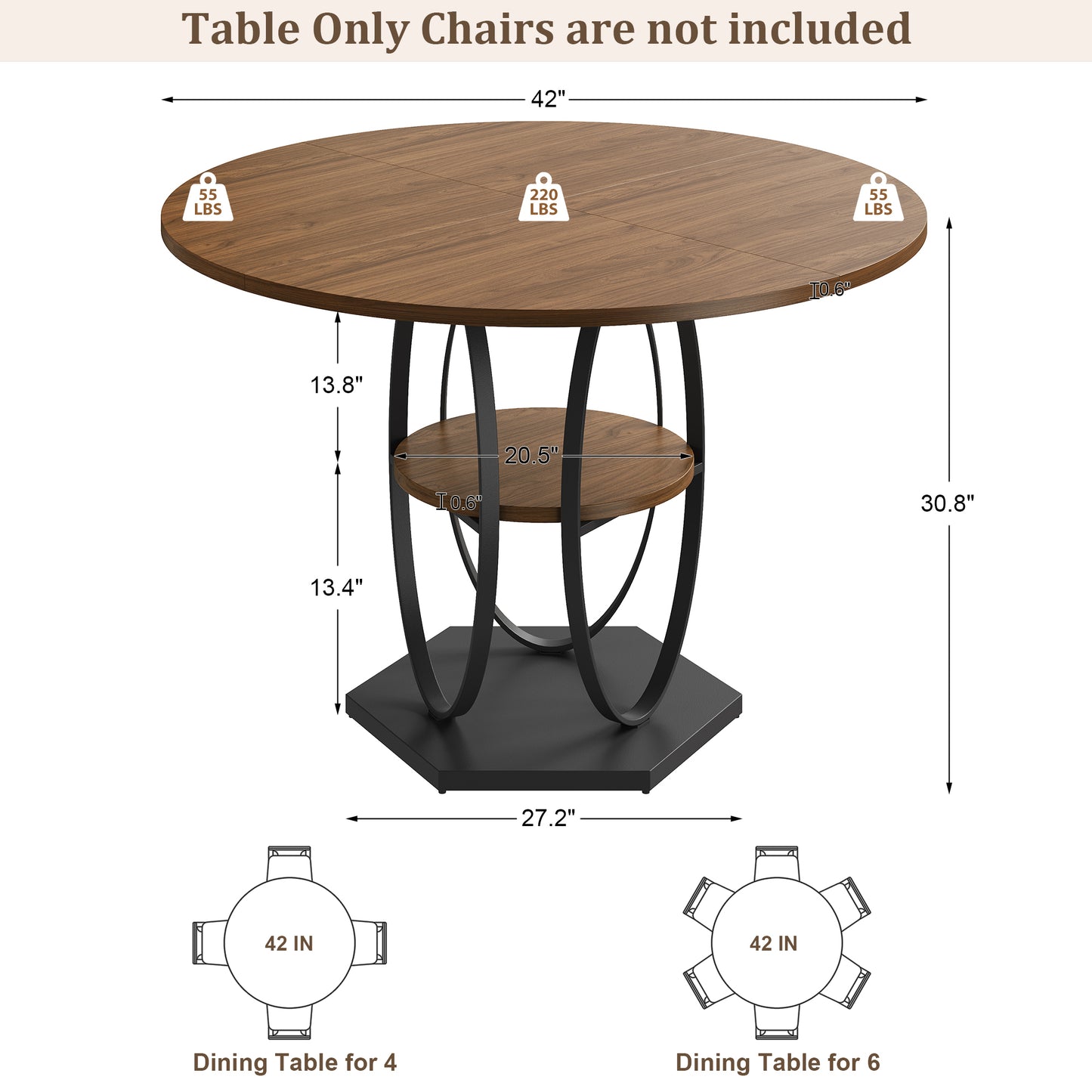 Pikvki Round Dining Table with Seorage Shelf, 3 Tier Circle Kitchen Table for Dining Room