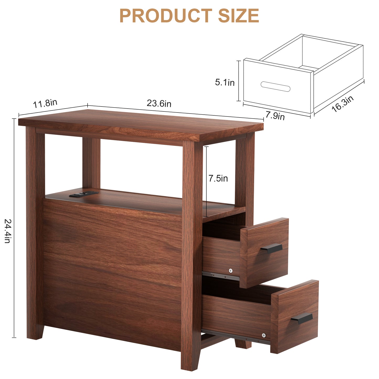 Pikvki End Table with Charging Station, Nightstand with 2 Drawers for Living Room, Bedroom