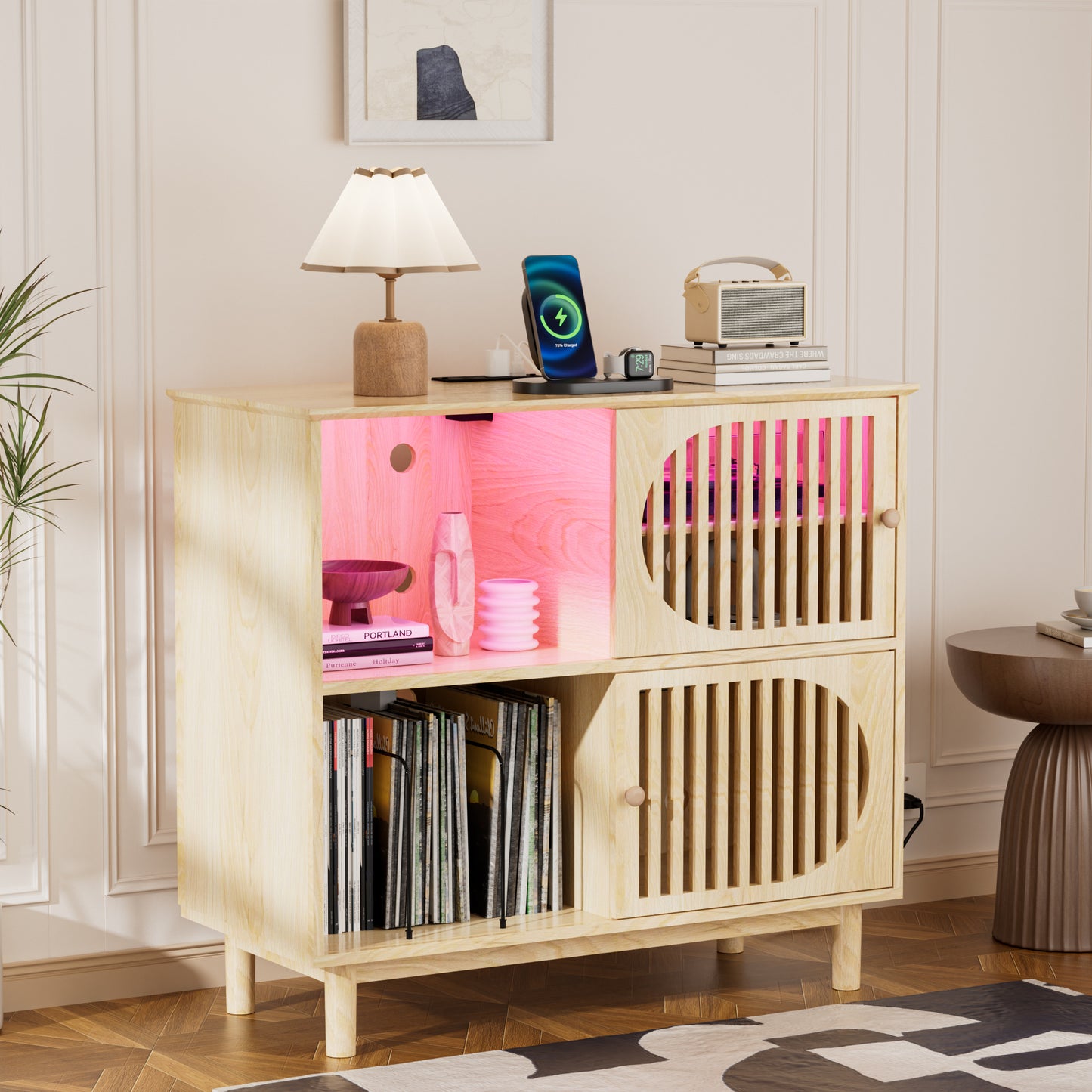 Pikvki Large Record Player Stand with Charging Station, Vinyl Record Cabinet, Wood Turntable Stand for Music Living Room