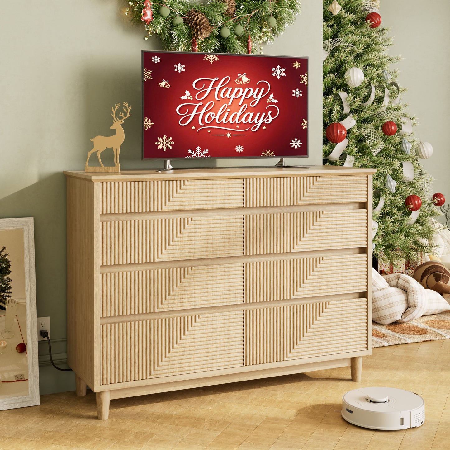 Pikvki Fluted 8 Drawer Dresser with Charging Station for Bedroom, 47.3" Modern Wide Chest of Drawers for Closet, Natural Oak