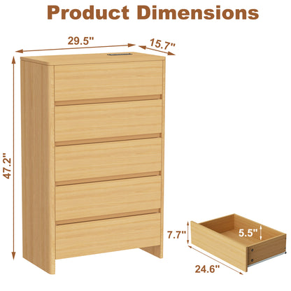 Pikvki 5 Drawer Dresser with Charging Station for Bedroom, 47" Modern Tall Chest of Drawers for Closet