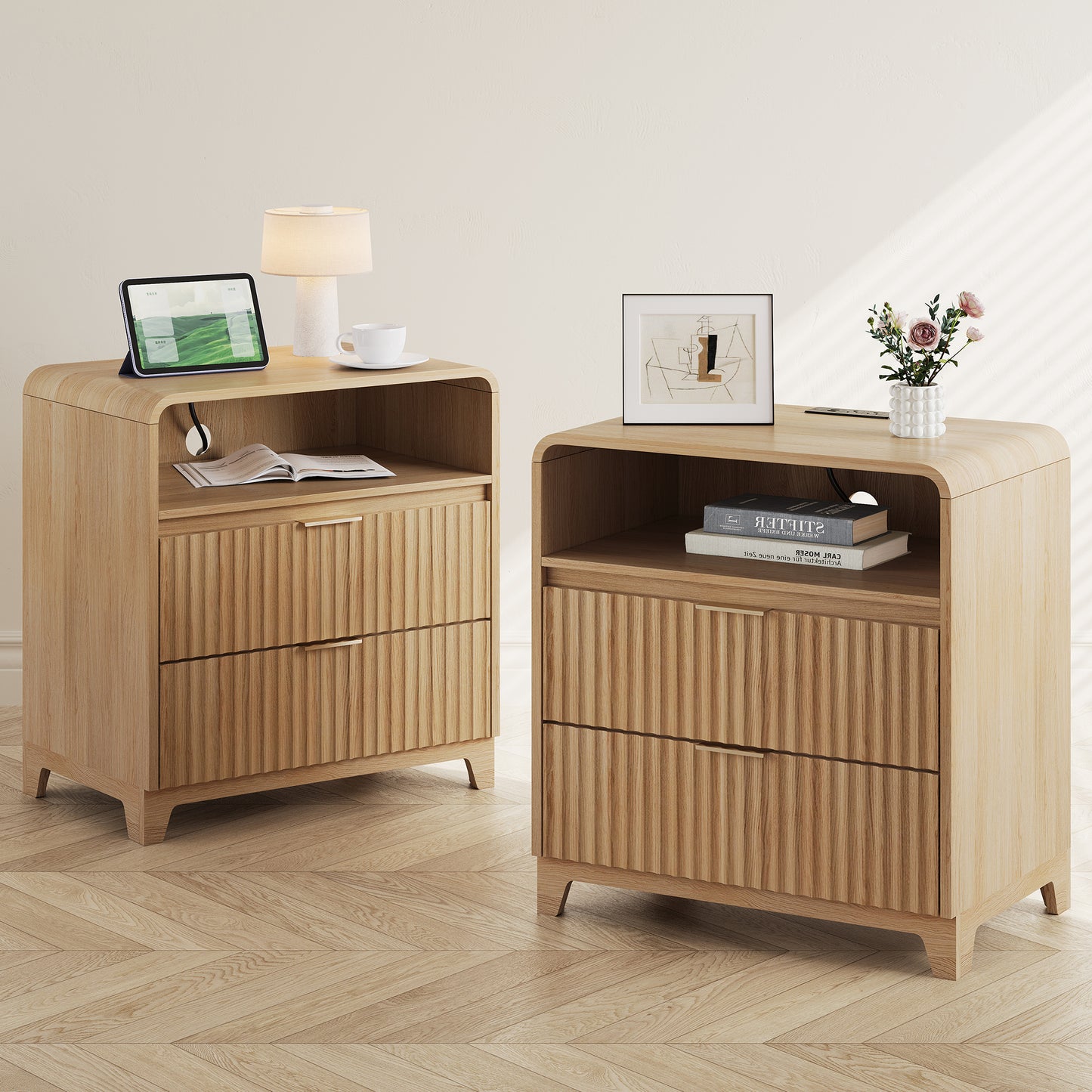 Pikvki Fluted Nightstand with Charging Station, Modern End Table with with Open Shelf and 2 Storage Drawers for Bedroom