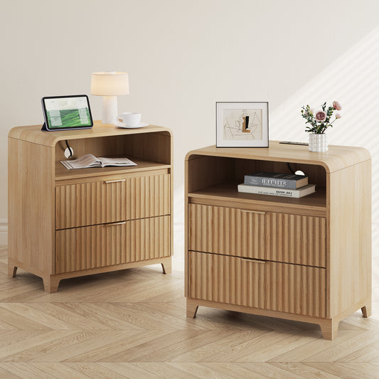 Pikvki Fluted Nightstand with Charging Station, Modern End Table with with Open Shelf and 2 Storage Drawers for Bedroom