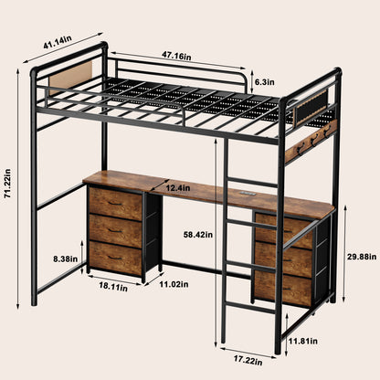 Pikvki Rustic Loft Bed Twin Size with Desk & 6 Fabric Drawers, Industrial Metal Loft Bed with LED & Charging Station for Bedroom