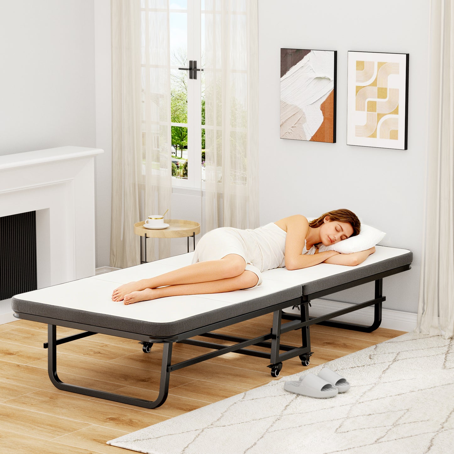 Pikvki Folding Bed with Mattress, Twin Foldable Bed, Roll Away Beds for Adults, 71.5 x 32 inch Portable Daybed for Guest Room, Camping