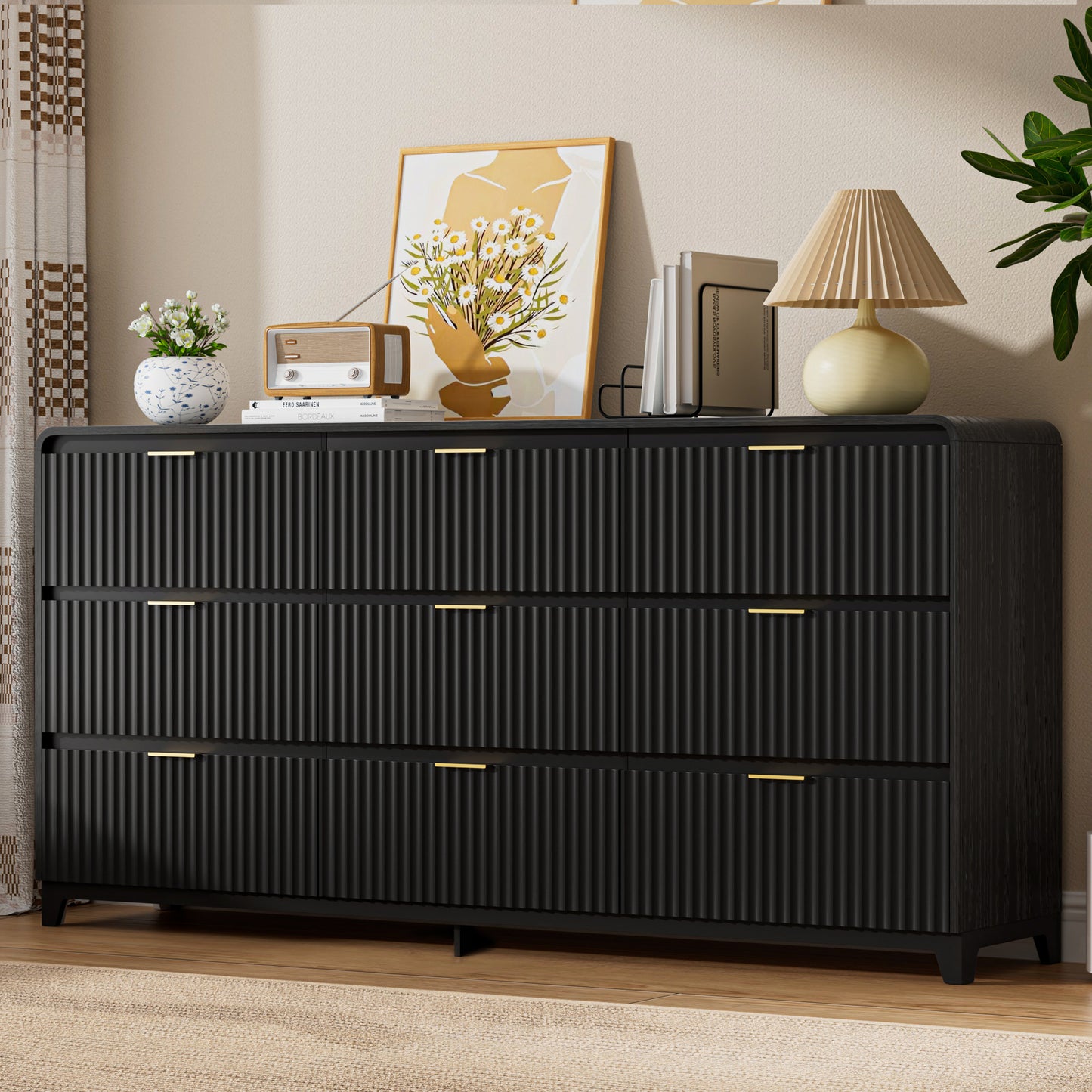 Pikvki Fluted 9 Drawers Dresser for Bedroom, 55.1" Wide Modern Chest of Drawers with Metal Handle, TV Stand for Living Room