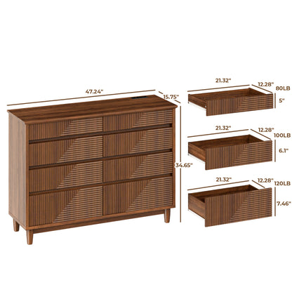 Pikvki Fluted 8 Drawer Dresser with Charging Station for Bedroom, 47.3" Modern Wide Chest of Drawers for Closet, Natural Oak