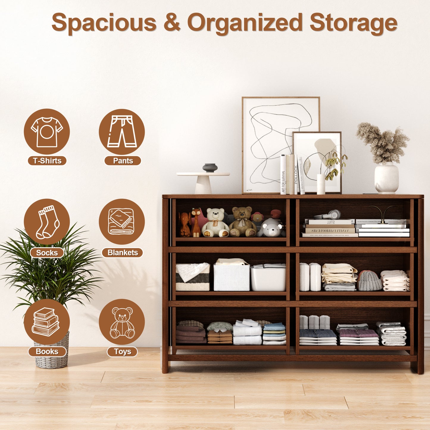 Pikvki 6-Drawer Double Dresser with Charging Station for Bedroom, Modern 47" Wide Chest of Drawers for Living Room