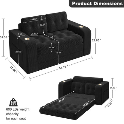 Pikvki 2 in 1 Convertible Sofa Bed with Side Pocket & Cup Holder, Corduroy Pull Out Loveseat Sleeper Sofa with Pillows for Living Room, Bedroom
