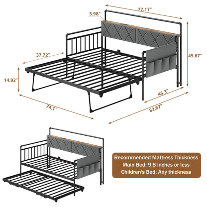 Pikvki Daybed with Charging Station & Side Pocket, Pop-upTrundle with Upholstered Storage Headboard, LED Light Sofa Bed for Living Room/Bedroom, Black