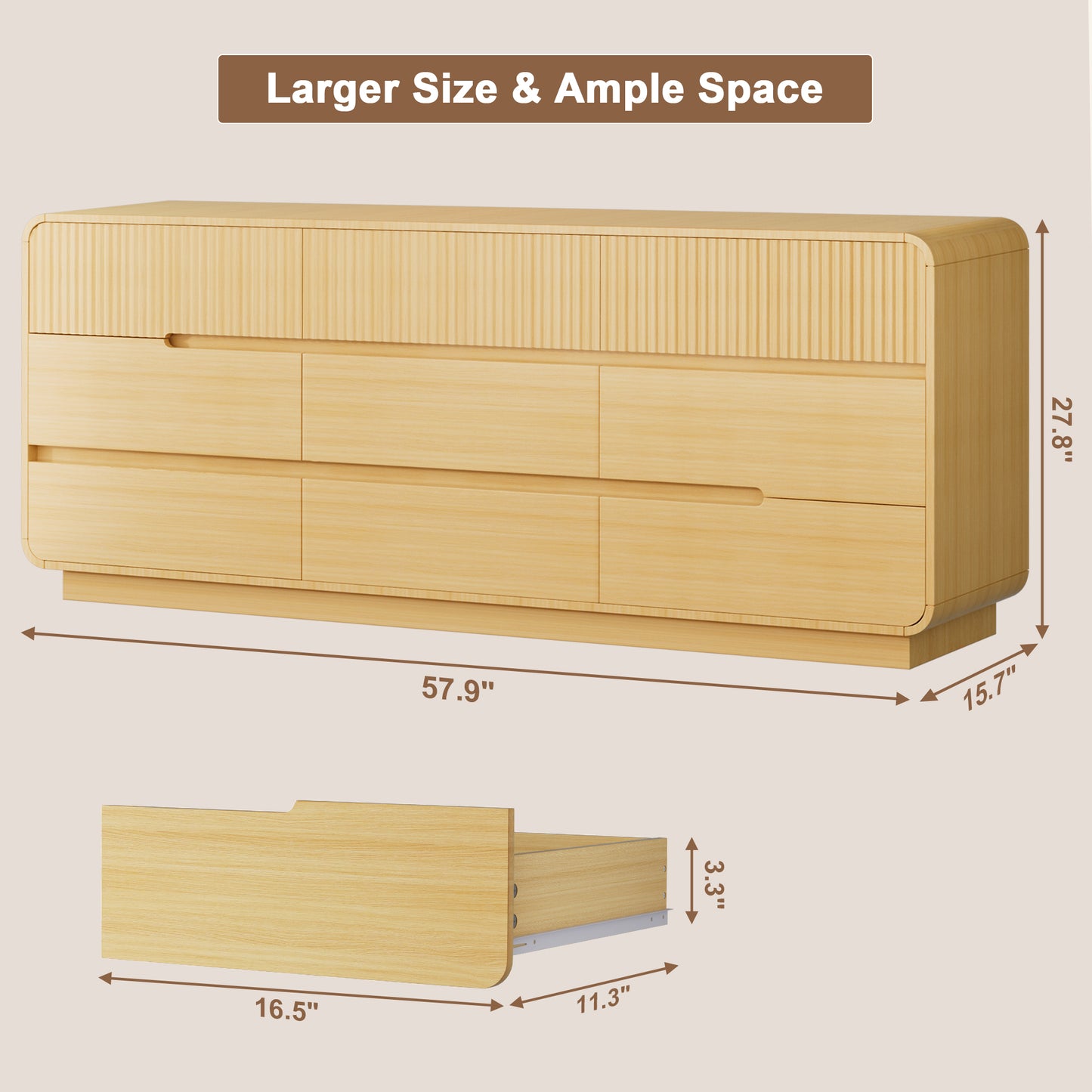 Pikvki 57.9" Wide 9 Drawer Dresser, Modern Fluted Wood Chest of Drawers with Anti-Tipping Device for Bedroom, Living Room