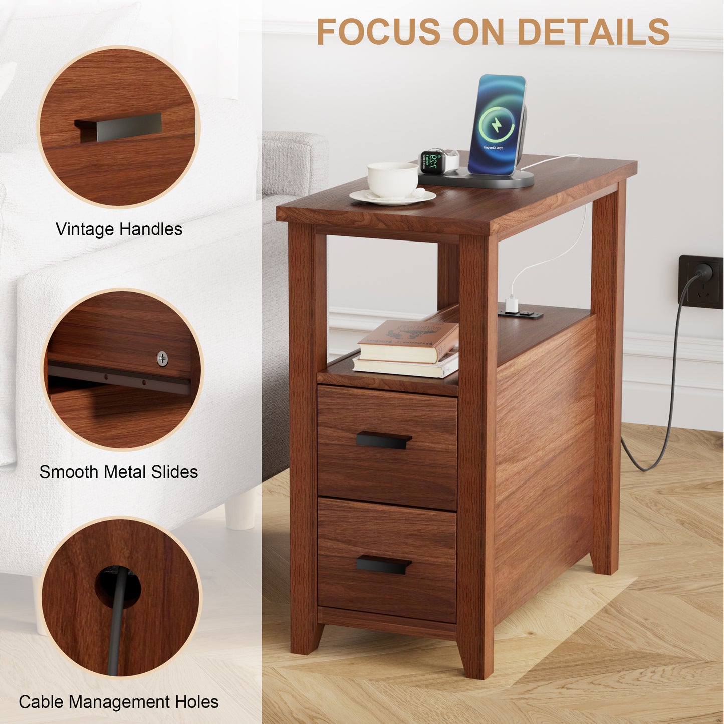 Pikvki End Table with Charging Station, Nightstand with 2 Drawers for Living Room, Bedroom