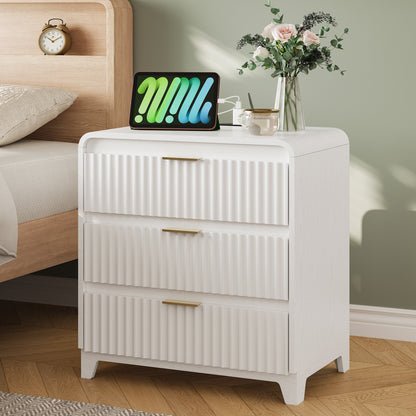 Pikvki Fluted Nightstand with Storage, 3 Drawers Wood Bed Side Table with Charging Station, Modern End Side Table for Bedroom Furniture Living Room Sofa