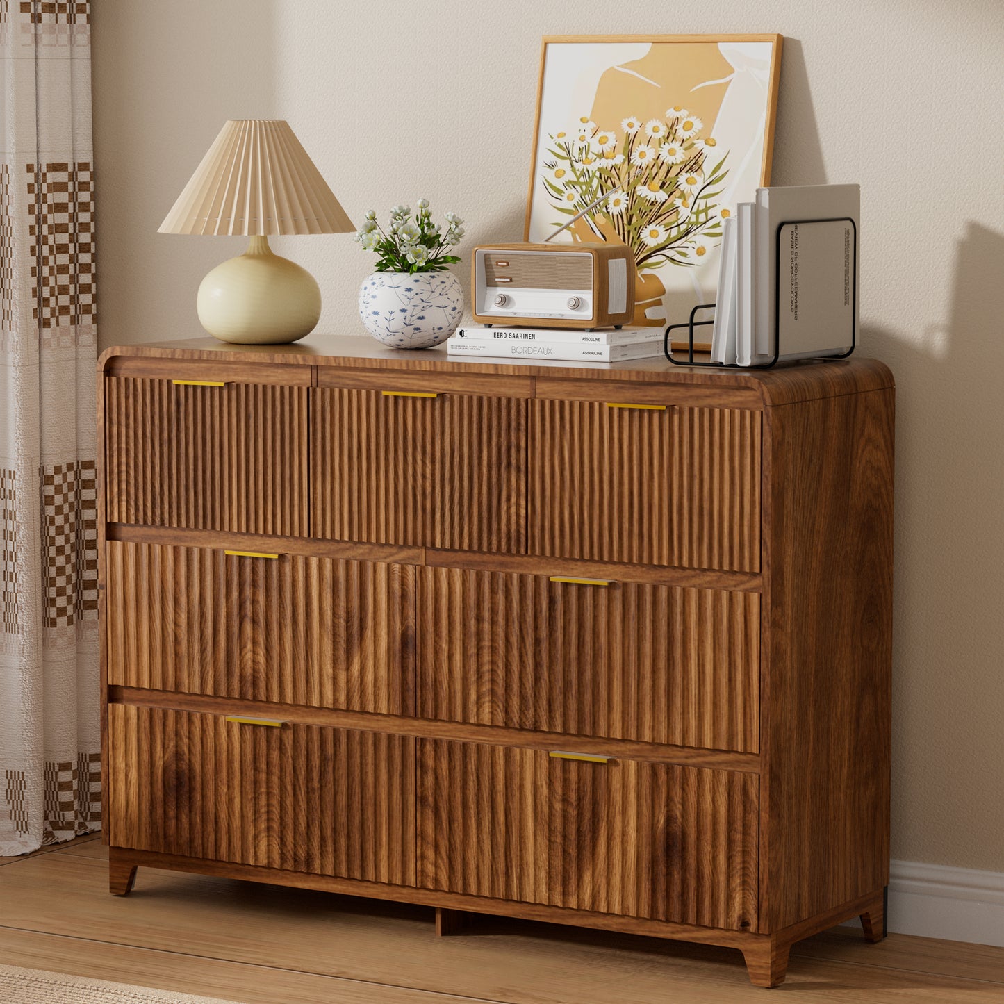 Pikvki Fluted 7 Drawers Dresser for Bedroom, 47.2" Wide Modern Chest of Drawers with Metal Handle, TV Stand for Living Room