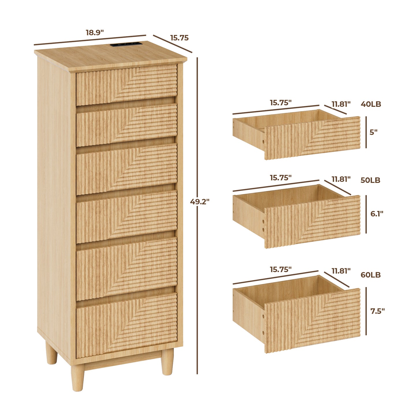 Pikvki Fluted 6 Drawer Dresser with Charging Station for Bedroom, 49" Modern Tall Narrow Chest of Drawers for Closet