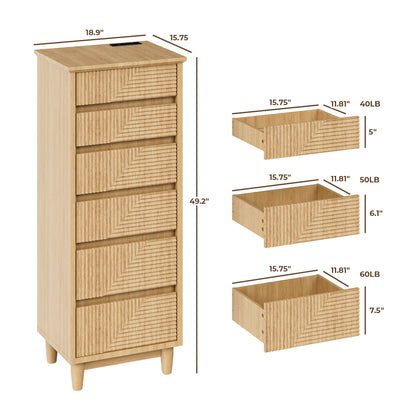 Pikvki Fluted 6 Drawer Dresser with Charging Station for Bedroom, 49" Modern Tall Narrow Chest of Drawers for Closet