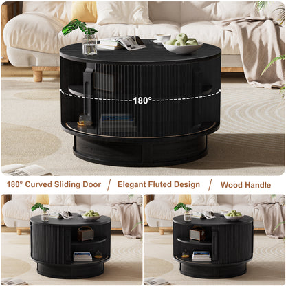 Pikvki Rotatable Round Coffee Table with Storage & Fluted Sliding Doors, 31.5" Modern Wooden Center Table for Living Room