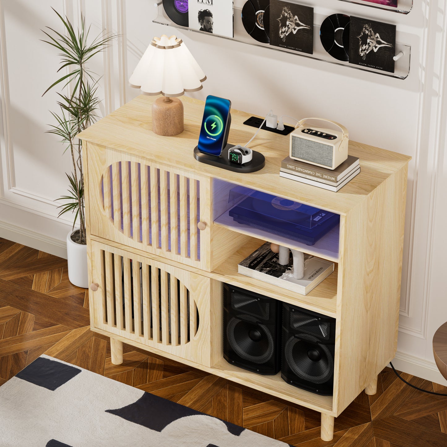 Pikvki Large Record Player Stand with Charging Station, Vinyl Record Cabinet, Wood Turntable Stand for Music Living Room