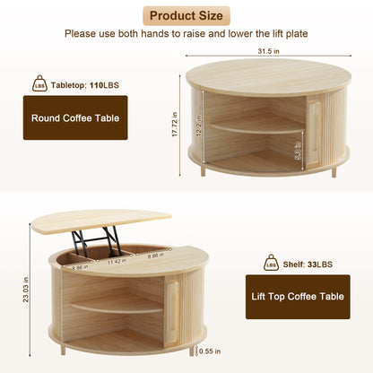 Pikvki Round Coffee Table Lift Top with Storage and Sliding Door, 31.5" Mid Century Fluted Small Center Table for Living Room