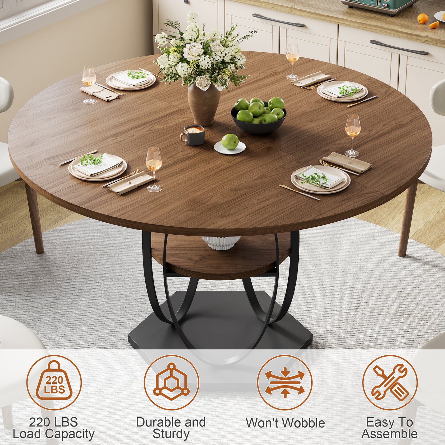 Pikvki Round Dining Table with Seorage Shelf, 3 Tier Circle Kitchen Table for Dining Room