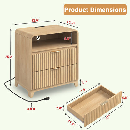 Pikvki Fluted Nightstand with Charging Station, Modern End Table with with Open Shelf and 2 Storage Drawers for Bedroom