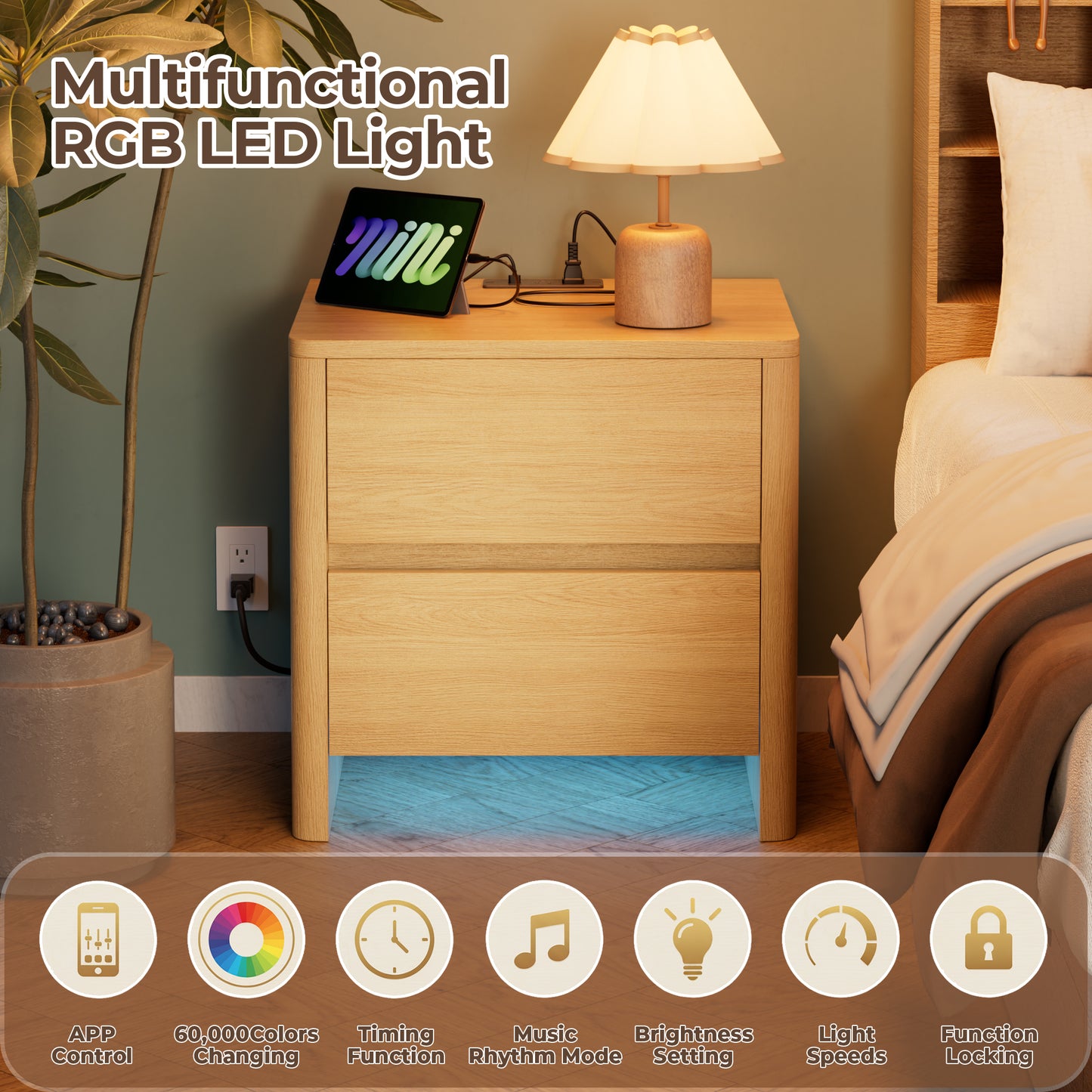 Pikvki Nightstand with Charging Station Set of 2, Modern Bedside Table End Table with LED Lights & 2 Drawer for Bedroom, Living Room