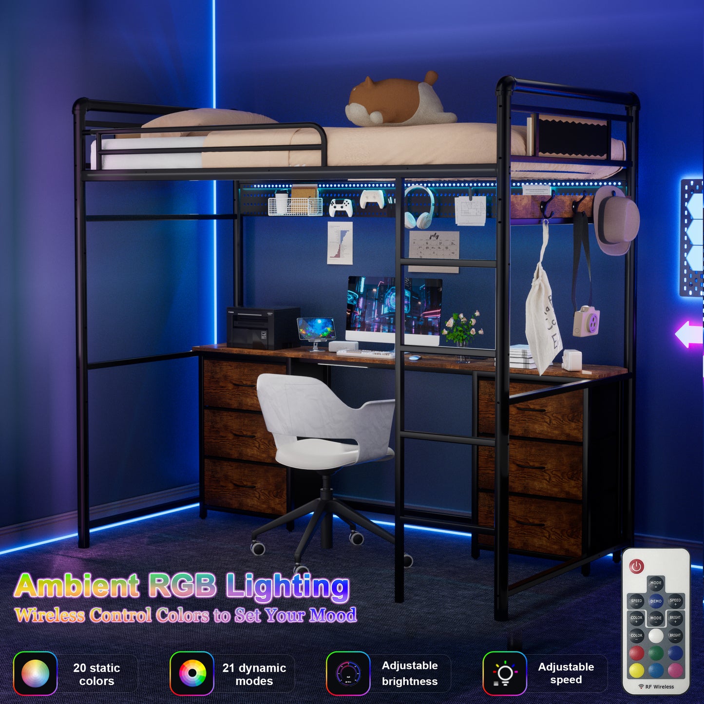 Pikvki Rustic Loft Bed Twin Size with Desk & 6 Fabric Drawers, Industrial Metal Loft Bed with LED & Charging Station for Bedroom
