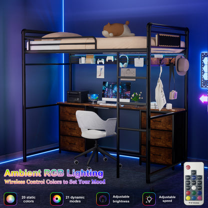 Pikvki Rustic Loft Bed Twin Size with Desk & 6 Fabric Drawers, Industrial Metal Loft Bed with LED & Charging Station for Bedroom