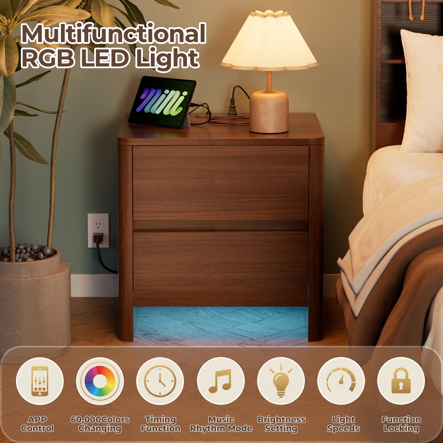 Pikvki Nightstand with Charging Station Set of 2, Modern Bedside Table End Table with LED Lights & 2 Drawer for Bedroom, Living Room