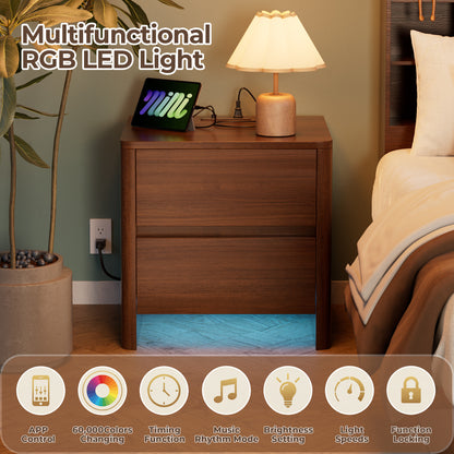 Pikvki Nightstand with Charging Station Set of 2, Modern Bedside Table End Table with LED Lights & 2 Drawer for Bedroom, Living Room