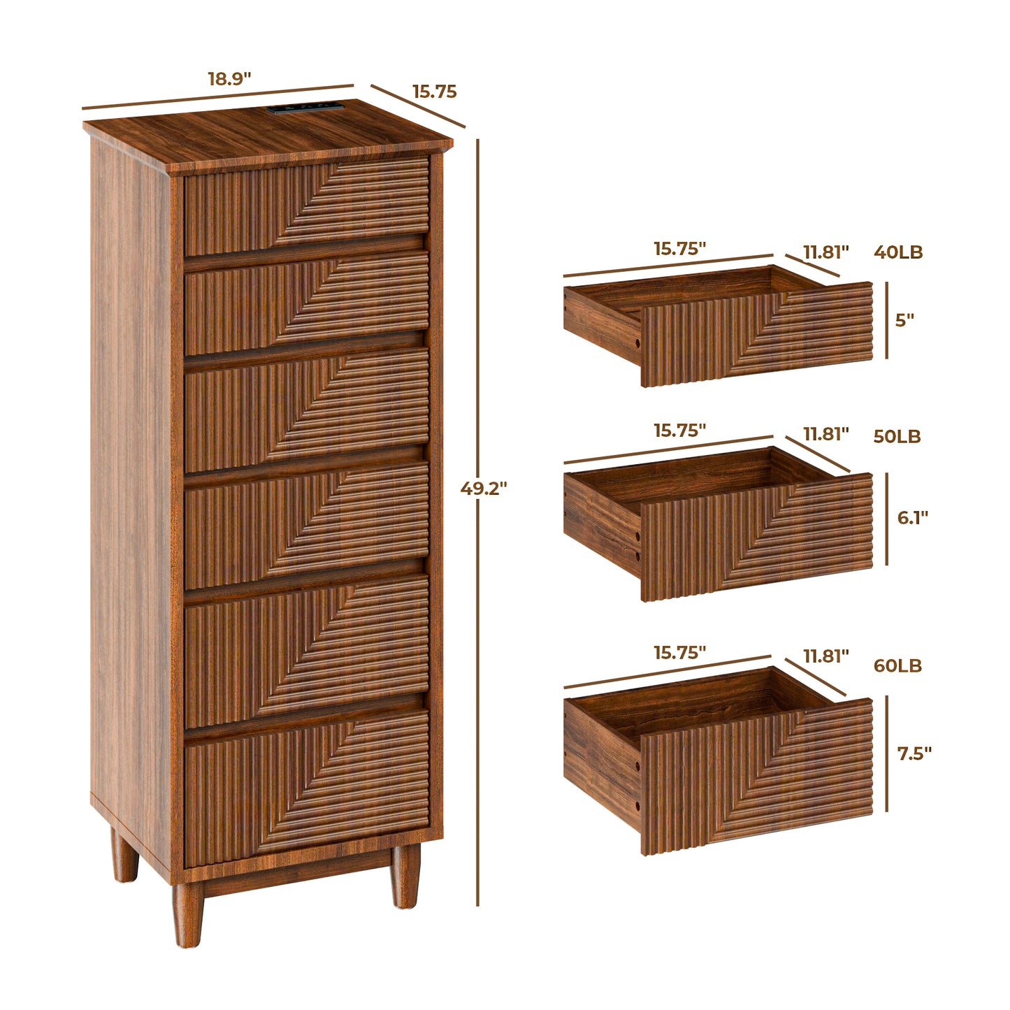 Pikvki Fluted 6 Drawer Dresser with Charging Station for Bedroom, 49" Modern Tall Narrow Chest of Drawers for Closet