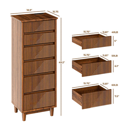 Pikvki Fluted 6 Drawer Dresser with Charging Station for Bedroom, 49" Modern Tall Narrow Chest of Drawers for Closet