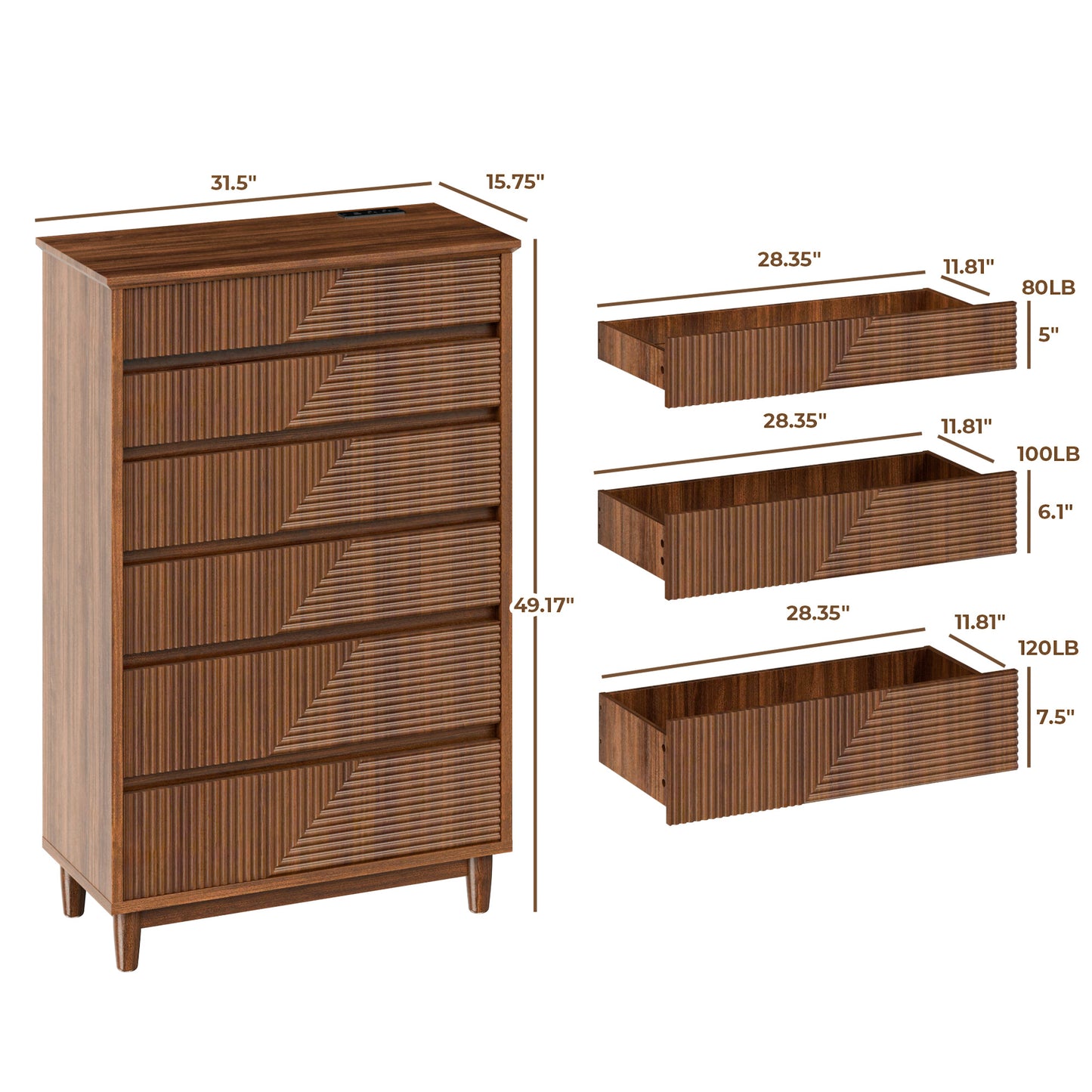 Pikvki Fluted 6 Drawer Dresser with Charging Station for Bedroom, 49" Modern Tall Chest of Drawers for Closet