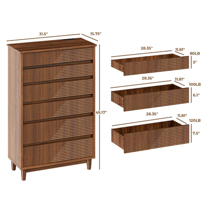 Pikvki Fluted 6 Drawer Dresser with Charging Station for Bedroom, 49" Modern Tall Chest of Drawers for Closet