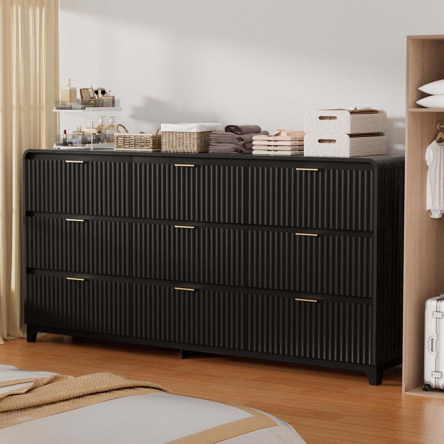 Pikvki Fluted 9 Drawers Dresser for Bedroom, 55.1" Wide Modern Chest of Drawers with Metal Handle, TV Stand for Living Room