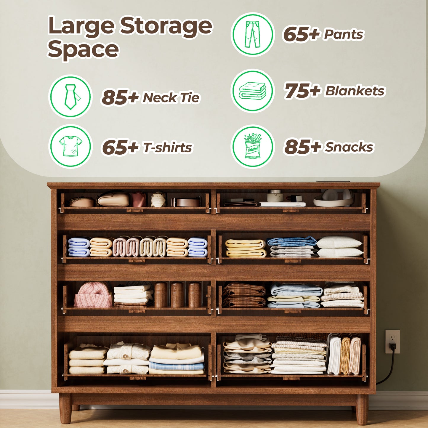 Pikvki Fluted 8 Drawer Dresser with Charging Station for Bedroom, 47.3" Modern Wide Chest of Drawers for Closet, Natural Oak
