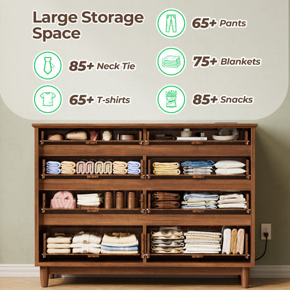 Pikvki Fluted 8 Drawer Dresser with Charging Station for Bedroom, 47.3" Modern Wide Chest of Drawers for Closet, Natural Oak