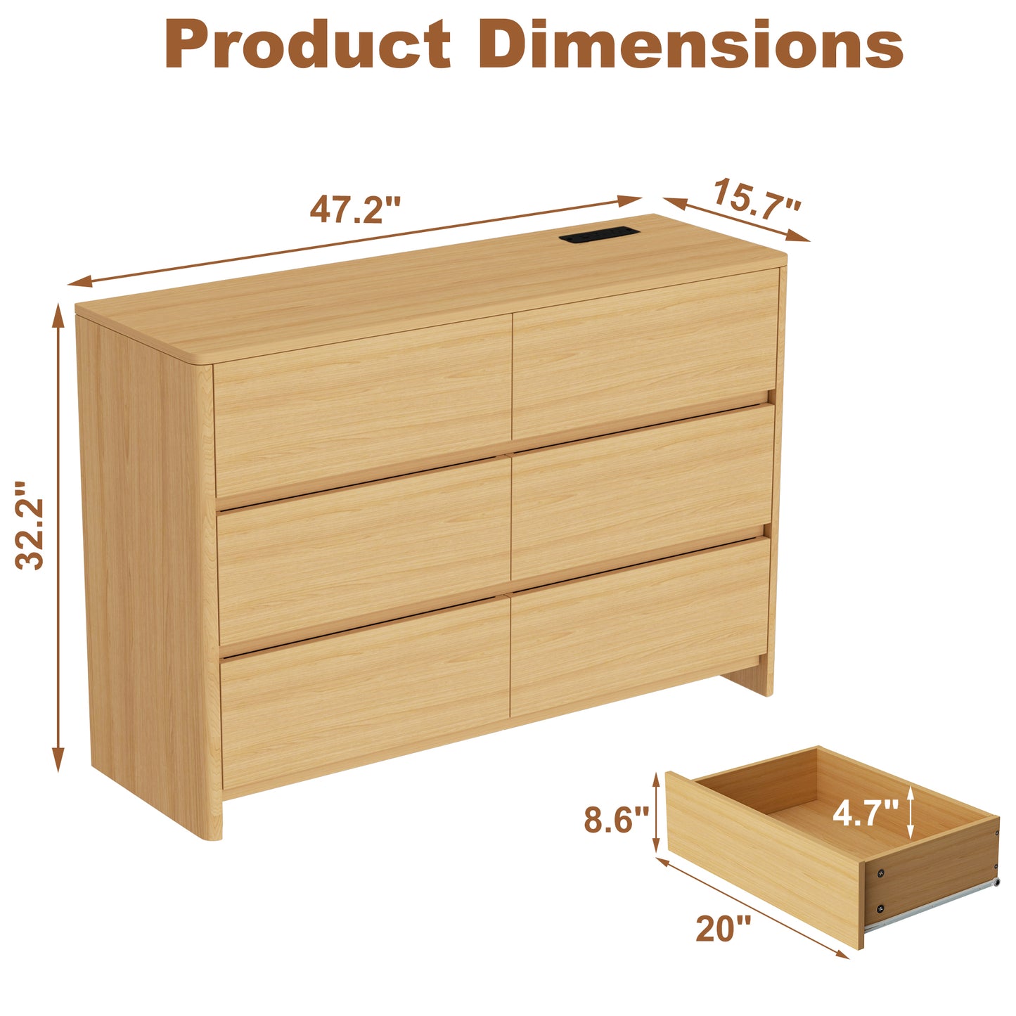 Pikvki 6-Drawer Double Dresser with Charging Station for Bedroom, Modern 47" Wide Chest of Drawers for Living Room