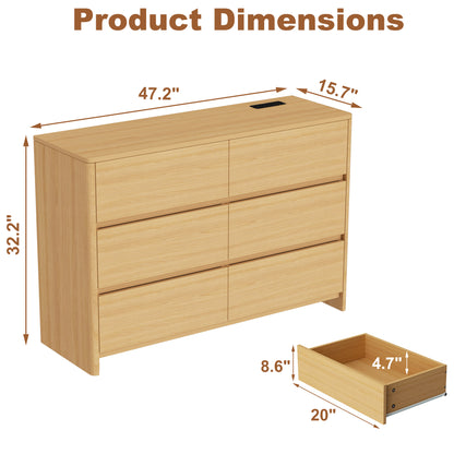 Pikvki 6-Drawer Double Dresser with Charging Station for Bedroom, Modern 47" Wide Chest of Drawers for Living Room