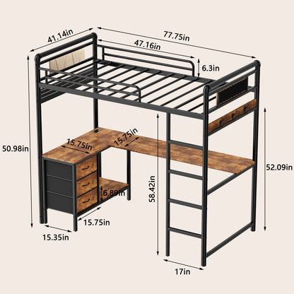 Pikvki Rustic Loft Bed Twin Size with Desk & 3 Fabric Drawers, Industrial Metal Loft Bed with LED & Charging Station for Bedroom