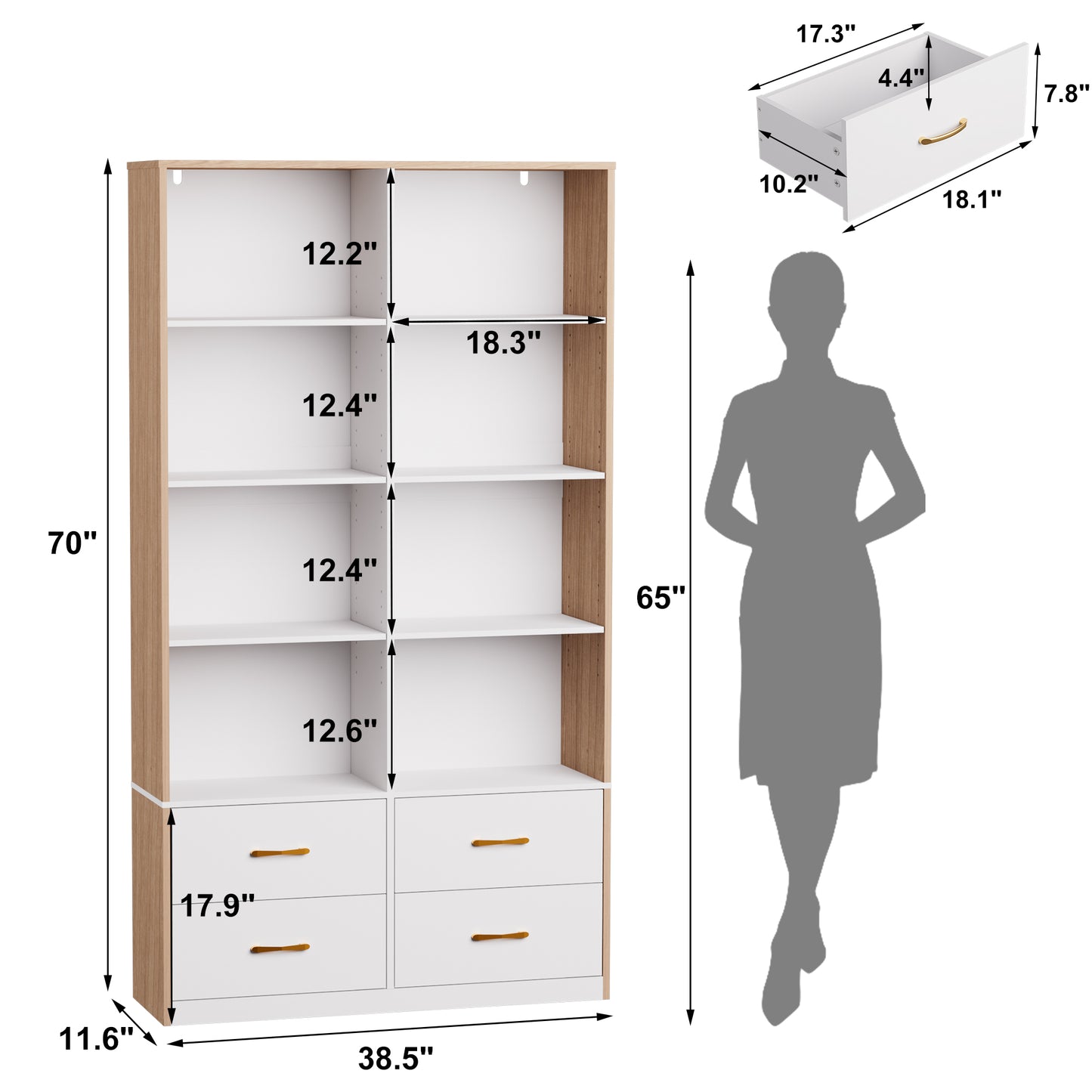 Pikvki 71" Tall Bookshelf with 4 Drawers, 6-Tier Double Wide Bookshelves and Bookcases with Storage for Home Office