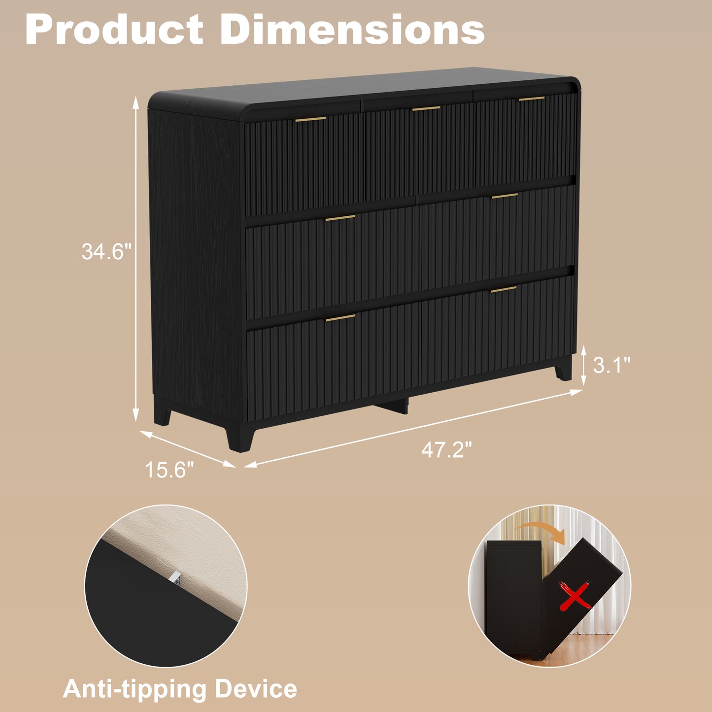 Pikvki Fluted 7 Drawers Dresser for Bedroom, 47.2" Wide Modern Chest of Drawers with Metal Handle, TV Stand for Living Room
