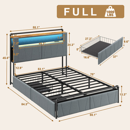 Pikvki Bed Frame with 2 Storage Drawers, Metal Platform Bed Frame with 2-Tier Storage Headboard, Charging Station & LED