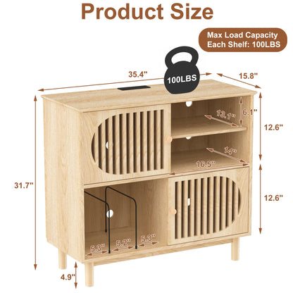 Pikvki Large Record Player Stand with Charging Station, Vinyl Record Cabinet, Wood Turntable Stand for Music Living Room