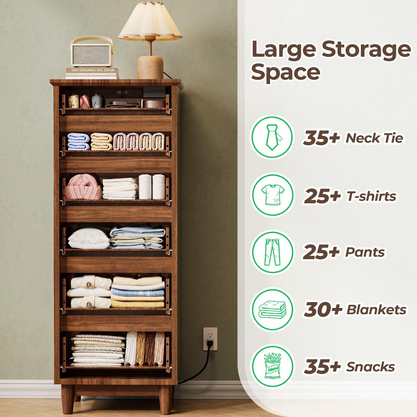 Pikvki Fluted 6 Drawer Dresser with Charging Station for Bedroom, 49" Modern Tall Narrow Chest of Drawers for Closet