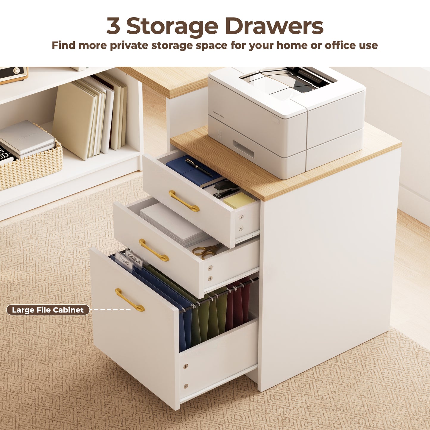 Pikvki L Shaped Computer Desk with Drawers, Office Desk with Power Outlets, Storage Cabinet and Long Monitor Stand for Home Office