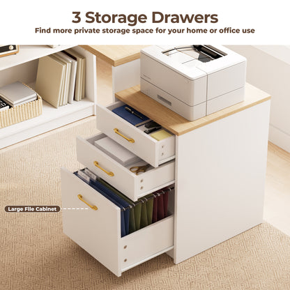 Pikvki L Shaped Computer Desk with Drawers, Office Desk with Power Outlets, Storage Cabinet and Long Monitor Stand for Home Office