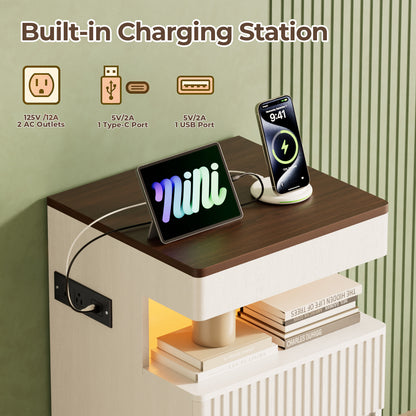 Pikvki Fluted Nightstand with Charging Station & LED Light, Modern End Table with 3 Storage Drawers and Pull-Out Tabletop for Bedroom, Living Room