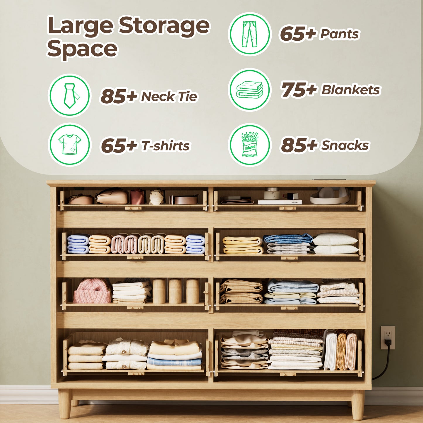 Pikvki Fluted 8 Drawer Dresser with Charging Station for Bedroom, 47.3" Modern Wide Chest of Drawers for Closet, Natural Oak