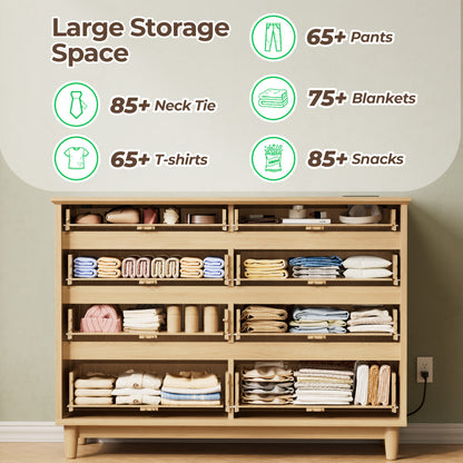 Pikvki Fluted 8 Drawer Dresser with Charging Station for Bedroom, 47.3" Modern Wide Chest of Drawers for Closet, Natural Oak